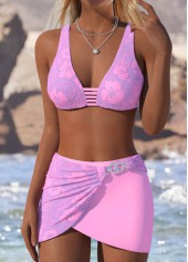 Pink swimwear,Floral swimwear,Plants swimwear,ROTITA Pull On Pink Floral Print Mid Waisted Bikini Set