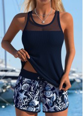 Ensemble tankini taille mi-haute à imprimé tribal bleu marine couvrant le ventre Rotita