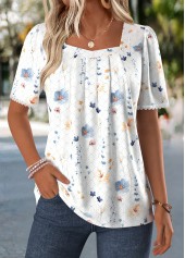 White tops,Ditsy Floral tops,ROTITA Tummy Coverage Ditsy Floral Print White T Shirt