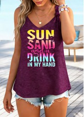 Wine Red tops,Letter tops,ROTITA Tie Letter Print Wine Red V Neck Tank Top