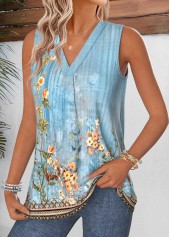 Dusty Blue tops,Plants tops,Floral tops,ROTITA Tummy Coverage Random Floral Print Dusty Blue Tank Top