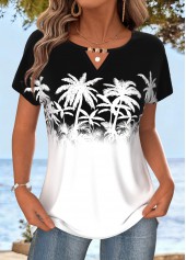 ROTITA Tummy Coverage Tropical Plants Print White T Shirt