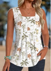 White tops,Plants tops,ROTITA Tummy Coverage Tropical Plants Print White Sleeveless Tank Top