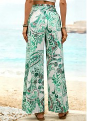 Green bottoms,Floral bottoms,Plants bottoms,ROTITA Floral Print Green Belted Wide Leg Elastic Waist Pants