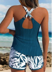 Peacock Blue swimwear,Plants swimwear,ROTITA Criss Cross Back Peacock Blue Leaf Print Tankini Set