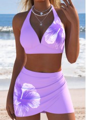 Light Purple swimwear,Floral swimwear,Plants swimwear,ROTITA Pull On Light Purple Floral Print Bikini Set