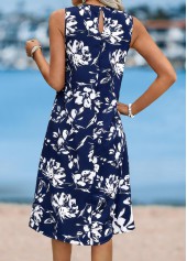 Navy dresses,Floral dresses,Plants dresses,Vacation dresses,ROTITA Floral Print Navy Round Neck Sleeveless Dress