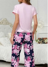 Pink loungewear,Floral loungewear,Plants loungewear,Floral Print Pink Round Neck Lounge Top and Pants