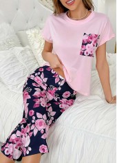 Pink loungewear,Floral loungewear,Plants loungewear,Floral Print Pink Round Neck Lounge Top and Pants