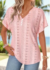 Light Pink tops,Plain Color tops,ROTITA Tummy Coverage Light Pink Split Neck T Shirt