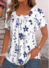 White tops,Floral tops,Plants tops,ROTITA Tummy Coverage Floral Print White Square Neck T Shirt