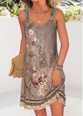 ROTITA Tummy Coverage Random Floral Print Gray Brown Short Dress