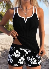 ROTITA Tummy Coverage Black Floral Print Mid Waisted Tankini Set