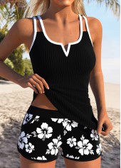Black swimwear,Floral swimwear,Plants swimwear,ROTITA Tummy Coverage Black Floral Print Mid Waisted Tankini Set