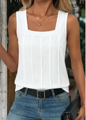 White tops,Plain Color tops,ROTITA Tuck Stitch Black Square Neck Sleeveless Tank Top