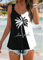 Black tops,Plants tops,ROTITA Tie Tropical Plants Print Black V Neck Tank Top