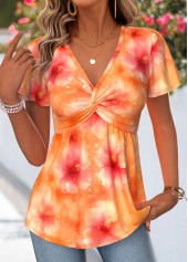 ROTITA Twist Floral Print Orange V Neck T Shirt