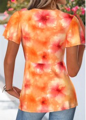 Orange tops,Floral tops,Plants tops,ROTITA Twist Floral Print Orange V Neck T Shirt