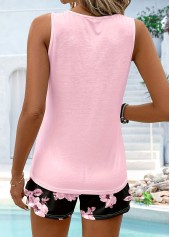 Pink tops,Floral tops,Plants tops,ROTITA Two-piece Floral Print Pink Round Neck Sleeveless Tank Top