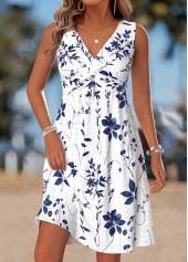 ROTITA Tummy Coverage Leaf Print White Short V Neck Dress