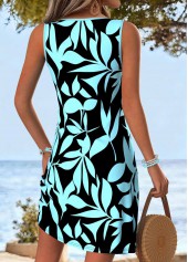 Cyan dresses,Black dresses,Plants dresses,Vacation dresses,Vacation dresses,ROTITA Tummy Coverage Leaf Print Cyan Short V Neck Dress