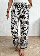 Black bottoms,Plants bottoms,ROTITA Soft Tropical Plants Print Black Wide Leg Pants