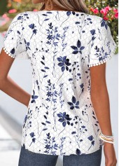 White tops,Floral tops,Plants tops,ROTITA Tummy Coverage Floral Print White Split Neck T Shirt