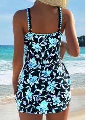 Cyan swimwear,Plants swimwear,Floral swimwear,ROTITA Tummy Coverage Cyan Random Floral Print One Piece Swimdress