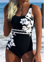Black swimwear,Floral swimwear,Plants swimwear,ROTITA Tummy Control Black Floral Print One Piece Swimwear