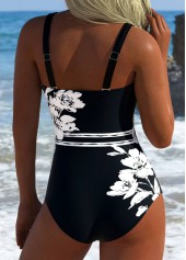 Black swimwear,Floral swimwear,Plants swimwear,ROTITA Tummy Control Black Floral Print One Piece Swimwear