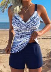 ROTITA Navy Tummy Coverage Tribal Print Mid Waisted Tankini Set