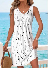 ROTITA White Geometric Print Tummy Coverage Short V Neck Dress