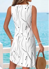 White dresses,Geometric dresses,Vacation dresses,Vacation dresses,ROTITA White Geometric Print Tummy Coverage Short V Neck Dress