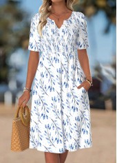 ROTITA White Leaf Print Smocked Split Neck Short Sleeve Dress