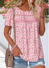 ROTITA Curved Hem Ditsy Floral Print Pink T Shirt