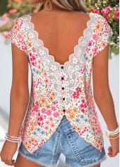 ROTITA Tummy Coverage Floral Print Pink V Neck T Shirt