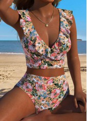 Multi Color swimwear,Floral swimwear,Plants swimwear,ROTITA Multi Color Pull On Floral Print Bikini Set