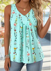 Cyan tops,Ditsy Floral tops,ROTITA Tummy Coverage Ditsy Floral Print Cyan Sleeveless Tank Top