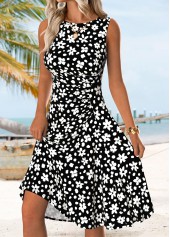 ROTITA Black Floral Print Tummy Coverage Round Neck Sleeveless Dress