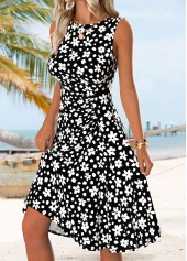 Black dresses,Floral dresses,Plants dresses,Vacation dresses,Vacation dresses,ROTITA Black Floral Print Tummy Coverage Round Neck Sleeveless Dress