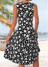 Black dresses,Floral dresses,Plants dresses,Vacation dresses,Vacation dresses,ROTITA Black Floral Print Tummy Coverage Round Neck Sleeveless Dress