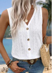 White tops,Plain Color tops,ROTITA Button White V Neck Sleeveless Tank Top