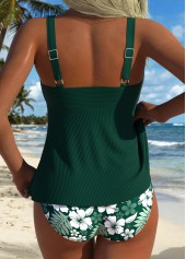 Blackish Green swimwear,Plants swimwear,ROTITA Blackish Green Patchwork Tropical Plants Print Tankini Set