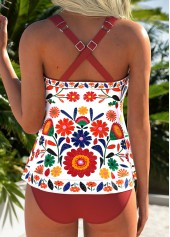 Multi Color swimwear,Floral swimwear,Plants swimwear,ROTITA Multi Color Patchwork Floral Print Mid Waisted Tankini Set