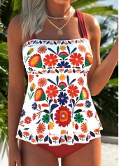 Multi Color swimwear,Floral swimwear,Plants swimwear,ROTITA Multi Color Patchwork Floral Print Mid Waisted Tankini Set