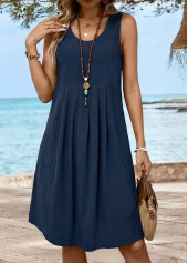 Navy dresses,Plain Color dresses,Everyday dresses,Casual dresses,ROTITA Navy Tummy Coverage Short Round Neck Sleeveless Dress