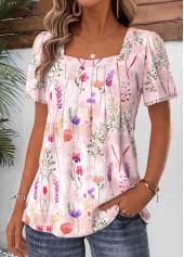 Light Pink tops,Floral tops,Plants tops,ROTITA Pleated Floral Print Light Pink Square Neck T Shirt