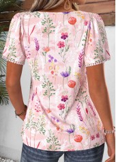 Light Pink tops,Floral tops,Plants tops,ROTITA Pleated Floral Print Light Pink Square Neck T Shirt