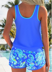 Purplish Blue swimwear,Paisley swimwear,ROTITA Purplish Blue Blouson Paisley Print Mid Waisted Tankini Set