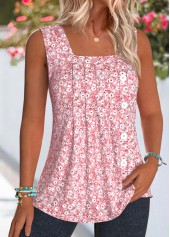 Pink tops,Ditsy Floral tops,ROTITA Pleated Ditsy Floral Print Pink Square Neck Tank Top